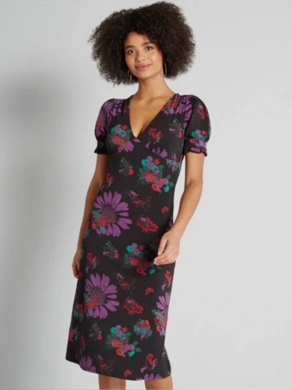 ModCloth Meow Bouquet Black Purple Cat Floral Print Babydoll Midi Dress S Empire